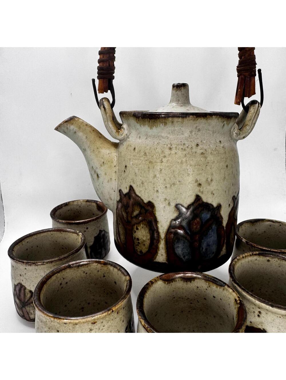Vintage Studio Pottery Teapot and 6 Cups, Rustic Stoneware, Boho Farmhouse Decor